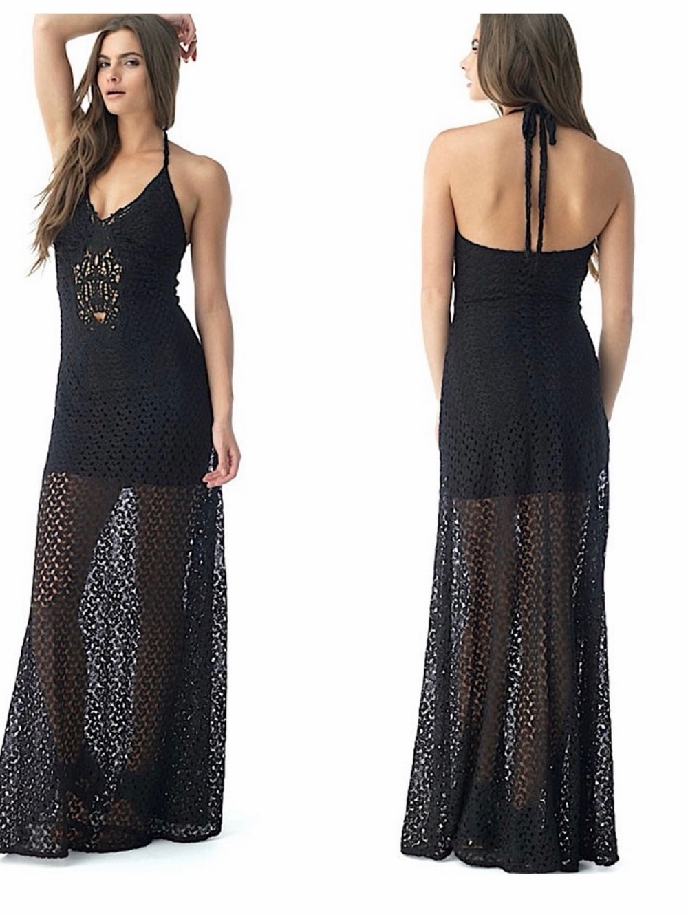 Sky KOSA Black Maxi Crochet Lace Halter Plunge Dress medium NWT